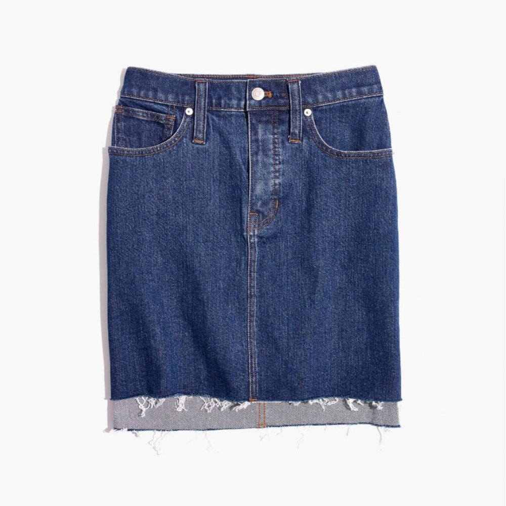 Stretch Denim Straight Mini Skirt: Step-Hem Edition